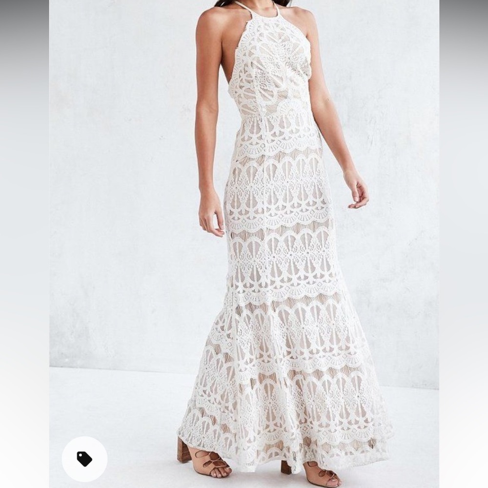 UO Glamorous White Lace Halter Maxi Gown